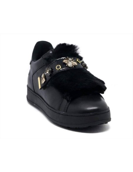 Apepazza sneakers da donna slip on in pelle con eco pelliccia e applic